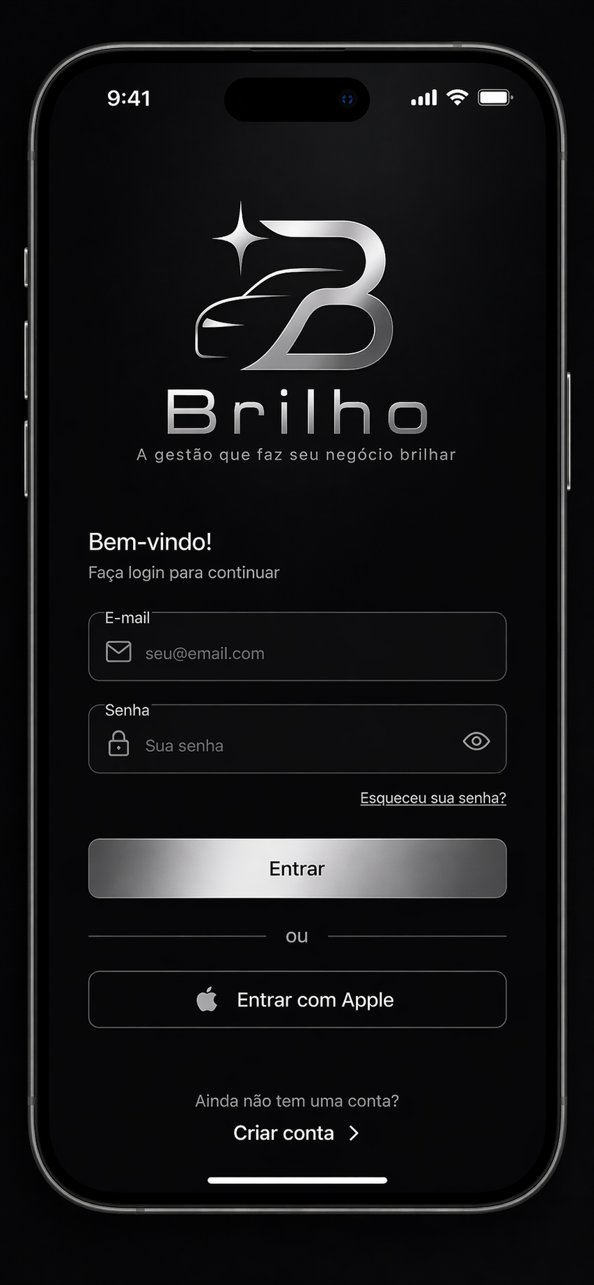 App Brilho — tela de login no celular